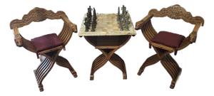 Three Piece Chess Table With Marble Top & Two 19th Century Renaissance Savonarola Chairs