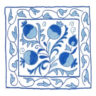 New Silk Hand Embroidery Suzani Textile Cushion Cover in Cream & Blue. 18"x19" For Sale