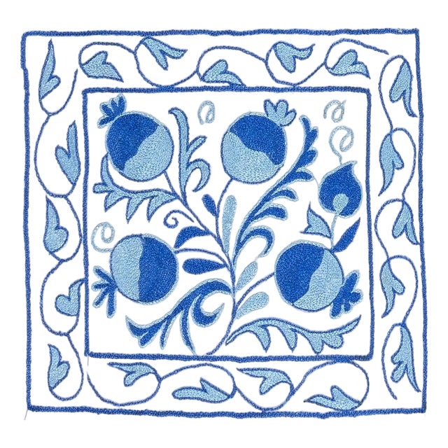 New Silk Hand Embroidery Suzani Textile Cushion Cover in Cream & Blue. 18"x19" For Sale