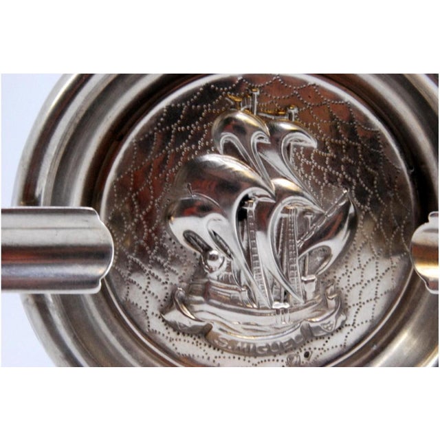 Silver Ashtray with Central Caravel Smiguel Relief and Cigarette Holders For Sale - Image 3 of 9
