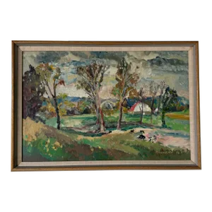 1986 Brewster Impressioniost Abstract Rural Landscape Oil Painting, Framed