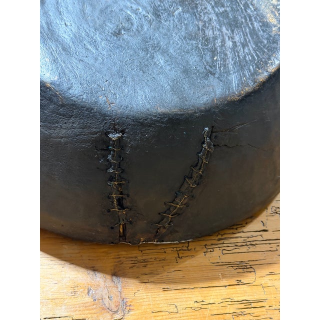 Early 20th Century Antique Primitive Hand-Carved Wooden Bowl With Folk Art Wire Stitching and Brass Studded Rim For Sale - Image 5 of 9