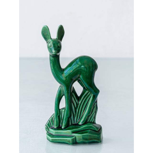 Art Deco Emerald Green Ceramic Deer Sculpture by Charles Lemanceau for Saint-Clément, France, 1930s For Sale - Image 12 of 14