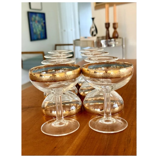 French Mid 20th Century French Champagne Coupes Blue Enamel Interior Gold Encrusted - Set of 8 For Sale - Image 3 of 6