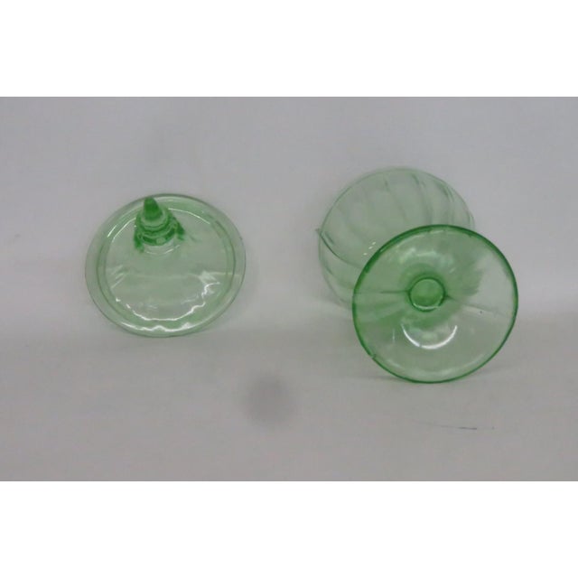 Art Deco Green Paneled Depression Glass Candy Dish Footed Jar With Pointed Lid 4844b For Sale - Image 3 of 14