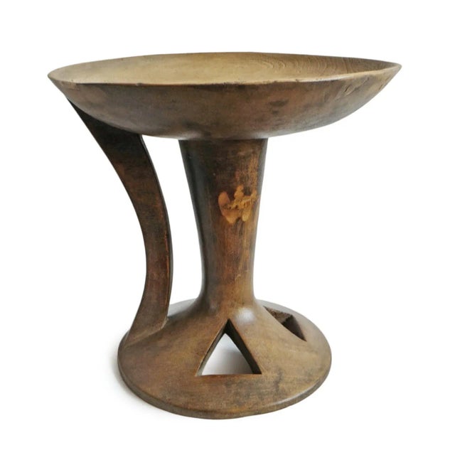 Vintage carved wood Naga serving bowl / stool. Elegant hand carved modern design with rich aged raw finish.