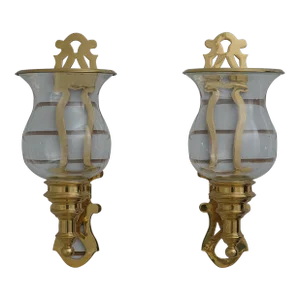 Pair Decorative Crafts Brass Candlestick Sconces W. Globes