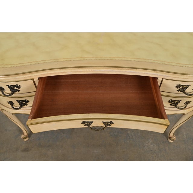 Cream John Widdicomb Style French Provincial Louis XV Cream Lacquered and Gold Gilt Leather Top Ladies Writing Desk and Chair, Circa 1950s For Sale - Image 8 of 15