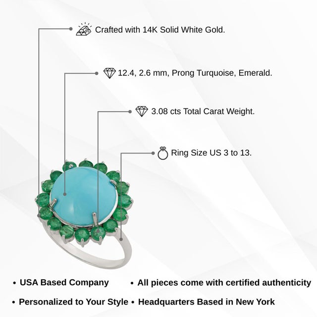 6.13ct Cabochon Turquoise & Emerald Halo Cocktail Ring in 14k White Gold Size 5 For Sale - Image 13 of 18