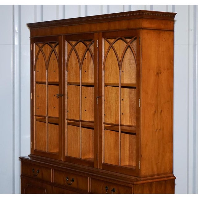 Vintage English Burr Yew Wood 3 Door Glazed Display Bookcase Cabinet For Sale - Image 16 of 18