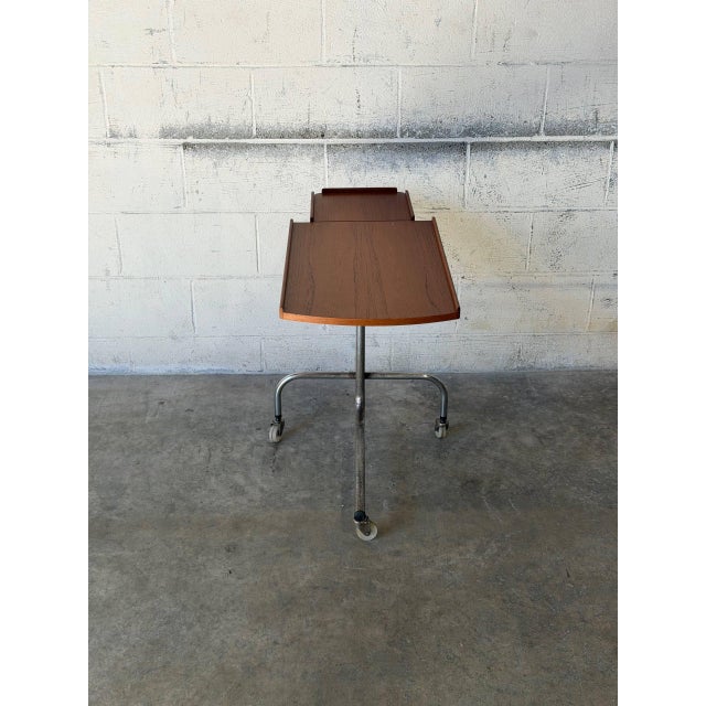 Teak Rolling Side Table With Adjustable Height Chrome Base Vintage Mid-Century Modern 1960s For Sale - Image 11 of 11