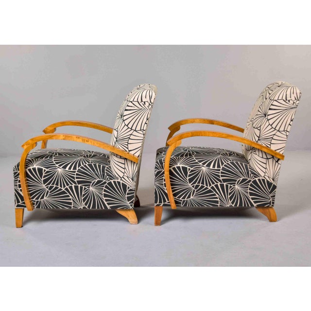 1930s French Art Deco Birch Armchairs With Fan Motif Upholstery - Pair For Sale - Image 5 of 13