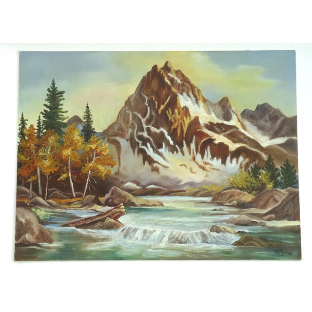 Rustic 1975 Vintage Mountain Lake Landscape Oil Painting For Sale - Image 3 of 3