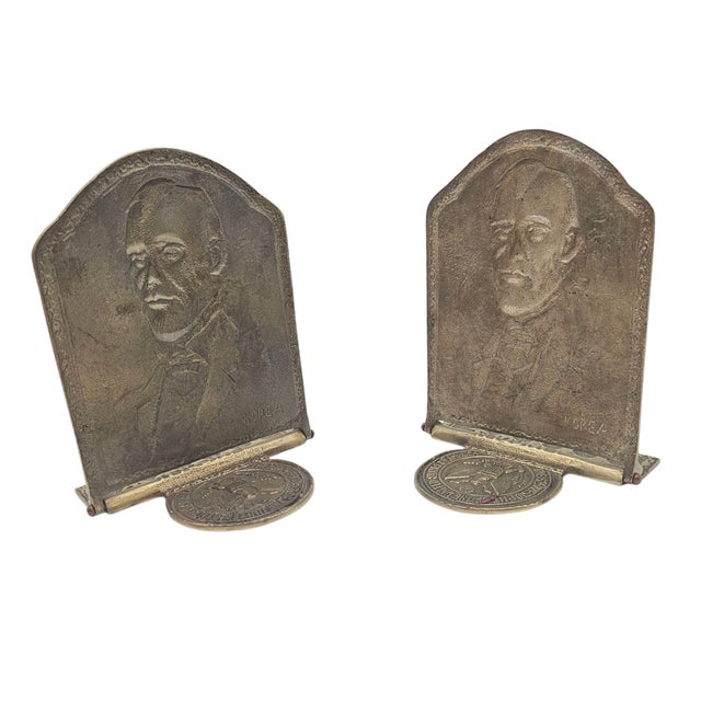 This pair of American-made folding bookends is cast in solid brass and features raised portrait reliefs of Abraham Lincoln...