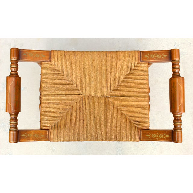 Wood Vintage Hitchcock-Style Maple Bench With Woven Rush Seat & Gold Stenciling For Sale - Image 7 of 18