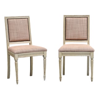 Pair of Painted French Louis XVI Style Side Chairs in Rose Tarlow Blush Linen For Sale