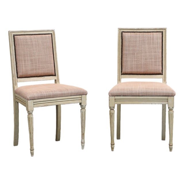 Pair of Painted French Louis XVI Style Side Chairs in Rose Tarlow Blush Linen For Sale