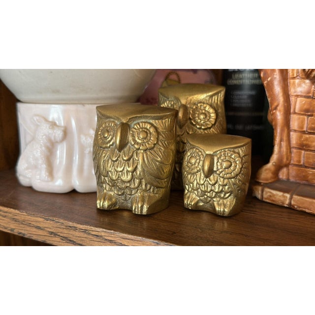 Mid-Century Modern Vintage Brass Owl Set of 3 BoHo MCM Retro For Sale - Image 3 of 6