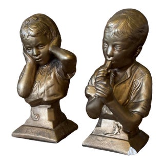 Vintage Esco Chalkware Boy and Girl Bookends or Busts, Gold For Sale