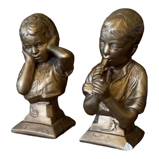 Vintage Esco Chalkware Boy and Girl Bookends or Busts, Gold For Sale