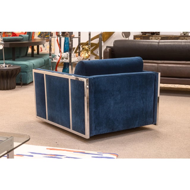 Textile Pair of Milo Baughman Blue Velvet and Flat Bar Chrome Cube Club Chairs For Sale - Image 7 of 10