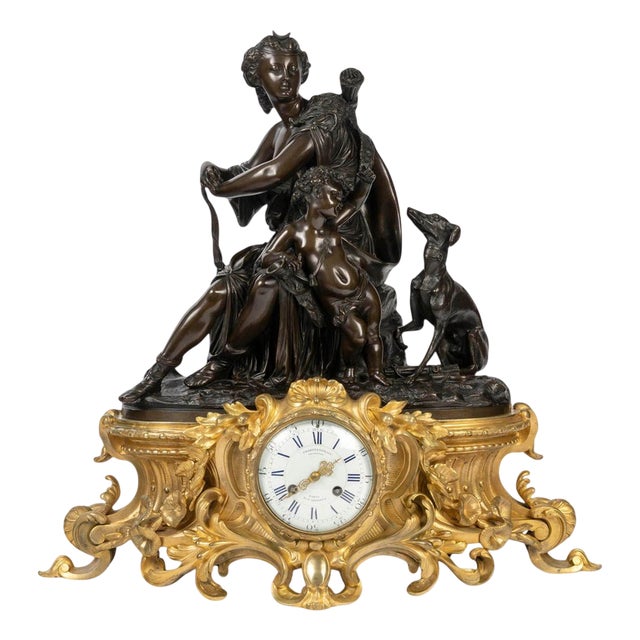 Large Clock with Diana the Huntress and Putto, 19th Century For Sale
