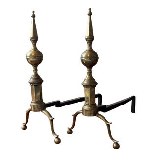 Tall Antique Early 19t Century American Federal Steeple Top Brass Andirons Circa 1800 - A Pair For Sale