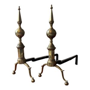 Tall Antique Early 19t Century American Federal Steeple Top Brass Andirons Circa 1800 - A Pair