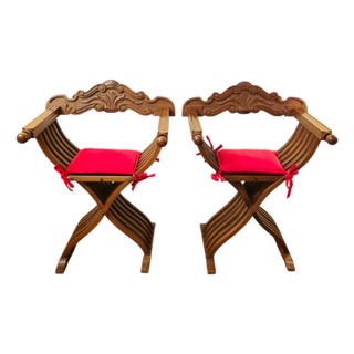 Pair of 1980s Renaissance Revival Style Wooden Folding Chairs With Red Cushions For Sale