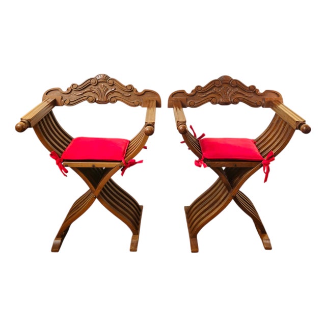 Pair of 1980s Renaissance Revival Style Wooden Folding Chairs With Red Cushions For Sale