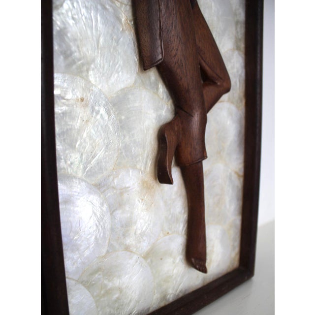 Cream Pair Mid-Century Modern Hand-Carved Wood Figural Relief Wall Panels on Shimmering Capiz Shell Grounds For Sale - Image 8 of 18