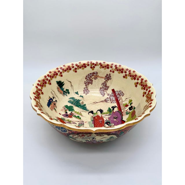 Japanese Large Meiji Satsuma-Style Centerpiece Bowl With Shishi Lion-Dog & Figural Panels, C. 1890 For Sale - Image 3 of 11