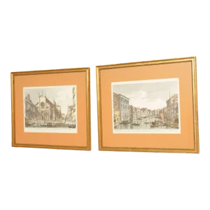 Italian Venetian Pair Art Prints After Giovanni Battista Brustoloni, Custom Framed