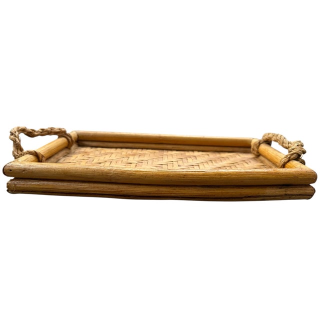 Chinese Vintage Chinese Woven Bamboo Serving Tray With Rope Handles | Herringbone Weave For Sale - Image 3 of 5