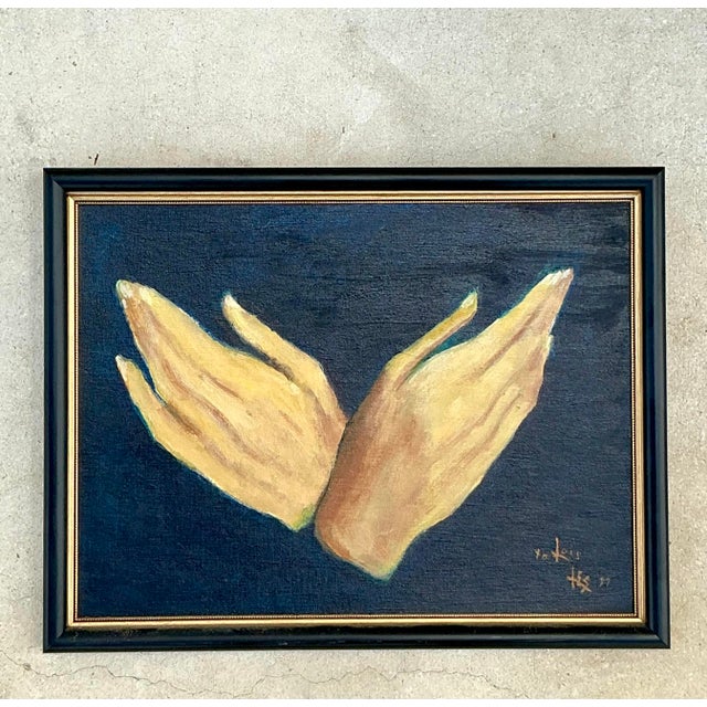 Art Deco Vintage Regency Original Oil Painting of Hands For Sale - Image 3 of 6