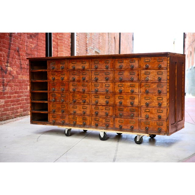 Antique Oak Store Counter Apothecary Card Catalog Kitchen Island (30 Drawers) For Sale - Image 4 of 15