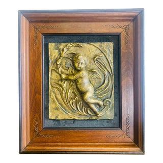 19th Century Framed Italian Bronze Cherub Plaque. For Sale
