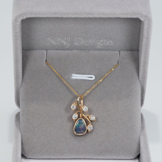 Modern Boulder Opal Pendant With Earth-Mined Diamond Accents in Solid 14k Gold, 8x3mm For Sale - Image 3 of 7