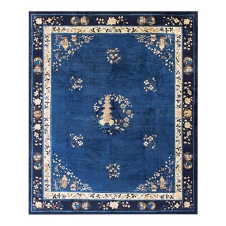 Floral Antique Late 19th Century Scenic Medallion Blue Field Chinese Peking Rug For Sale