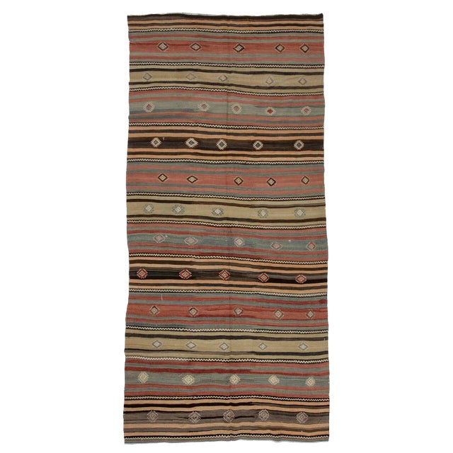 Vintage Striped Wool Turkish Kilim Rug-5′ × 10′6″ For Sale