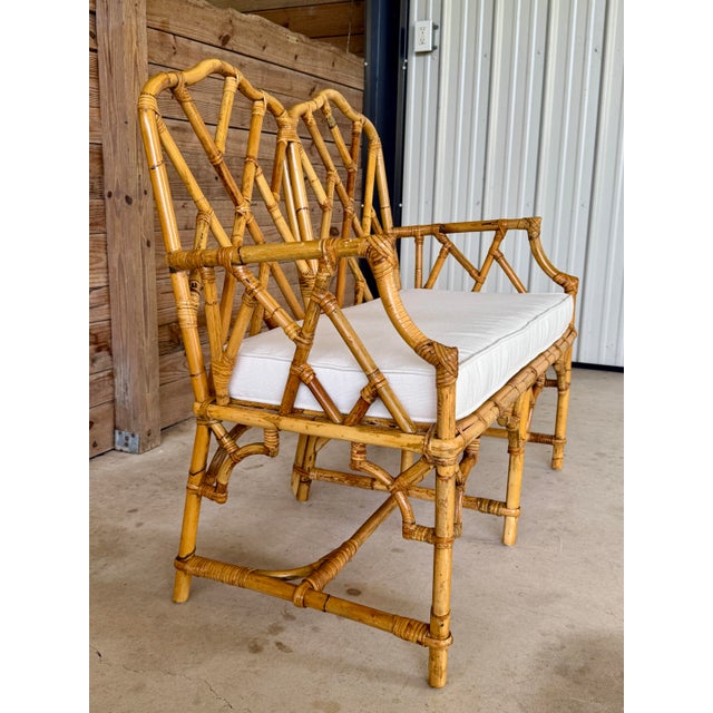 Mid 20th Century Vintage Rattan Chippendale Fretwork Settee Bench With New Sunbrella Cushion For Sale - Image 5 of 12