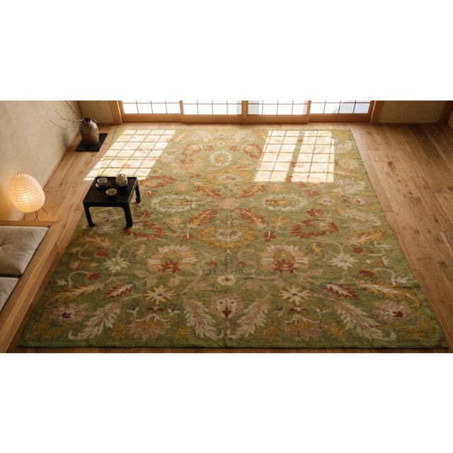 Green 1890s Green Floral Antique Turkish Anatolian Oushak Rug 12'4" X 16'2" Handknotted Wool Carpet For Sale - Image 8 of 10