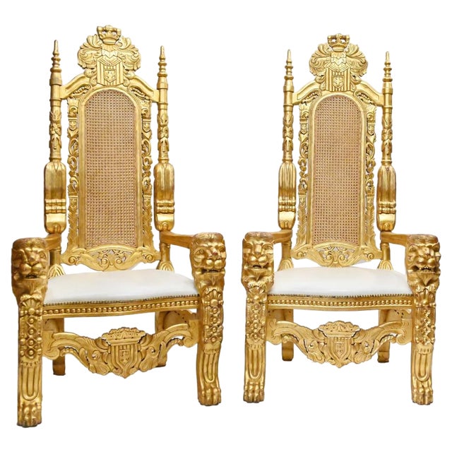 Set of Hand Carved Gilt Throne Armchairs with Lions Heads For Sale
