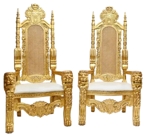Set of Hand Carved Gilt Throne Armchairs with Lions Heads