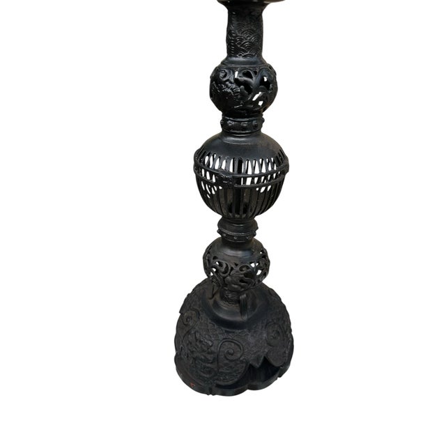 Early 21st Century Vintage Victorian Japanese Hand Carved (Japonisme) Aesthetic Movement Lamp Tall For Sale - Image 5 of 11