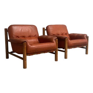 Brutalist Leather Lounge Chairs, 1960s, Set of 2 For Sale
