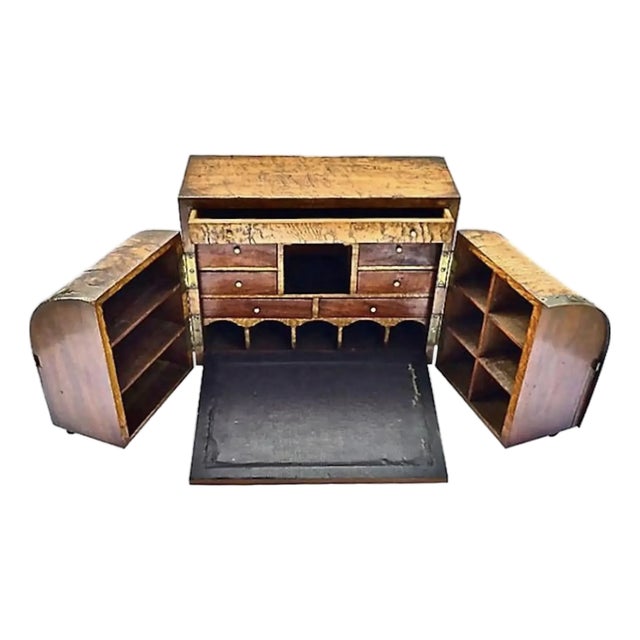 Antique Georgian Burl Walnut Double-Cylinder Campaign Desk & Stationary Box For Sale