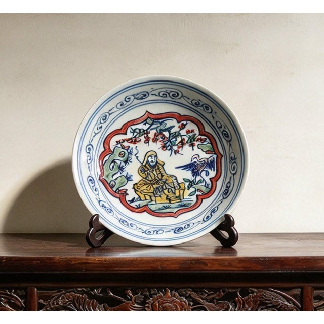 Art Deco Chinese Ceramic Plate,Kangxi Marked Blue and White Porcelain Plate Hand Painted Figures Story Pattern For Sale - Image 3 of 11