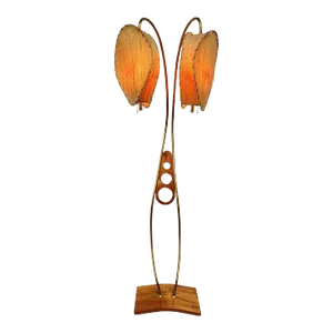 Mid Century Walnut and Brass Floor Lamp With Whipstitch Fiberglass Lamp Shades