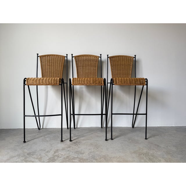 1970's Frederic Weinberg Style Rattan & Iron Bar Stools - Set of 3 For Sale - Image 14 of 14